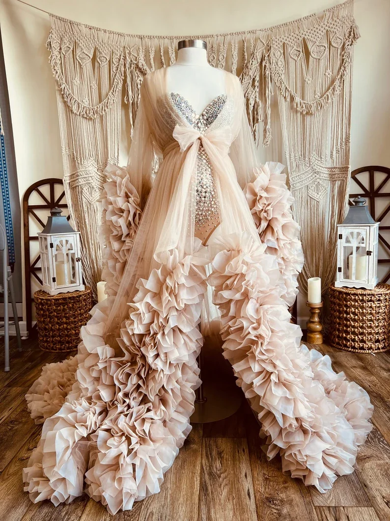 Two Pieces Sheer Tulle Maternity Robe for Photo shoots Ruffles Pregnacy Gown with Rhinestone bodysuit Floor Length Tulle Robes