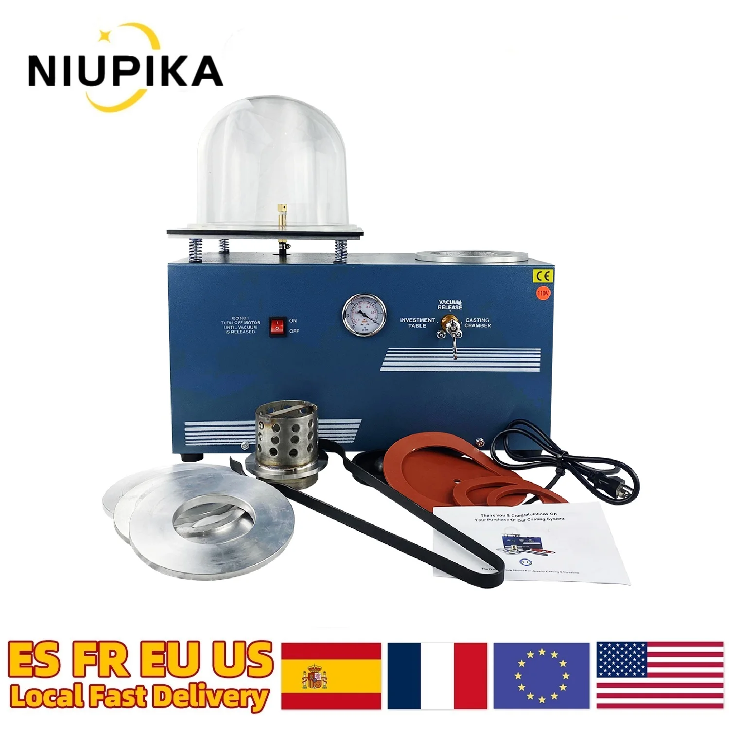 6L Jewelry Vacuum Casting Machine With 5*8inch Steel Bell 1KW 1.5HP Jewelry Lost Wax Investing Casting Machine