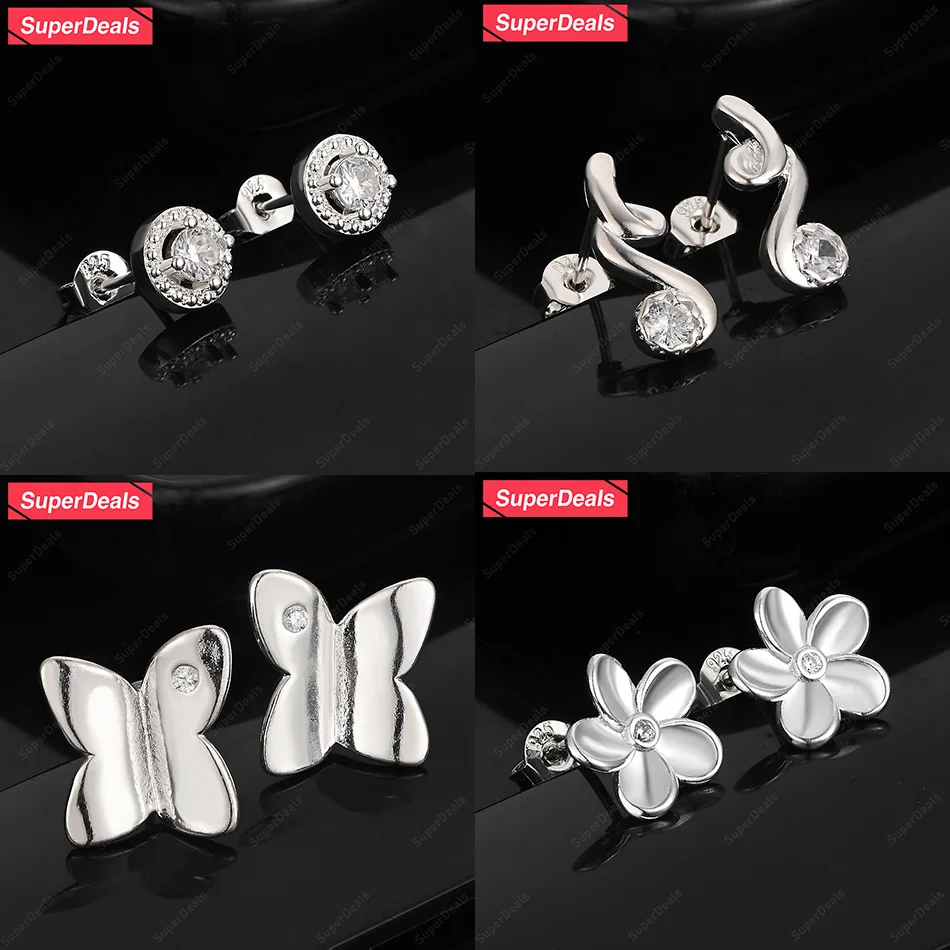 

SuperDeals 925 Sterling Silver Flower Butterfly Musical Note Round Zircon Stud Earring Women Beautiful Engagement Party Jewelry