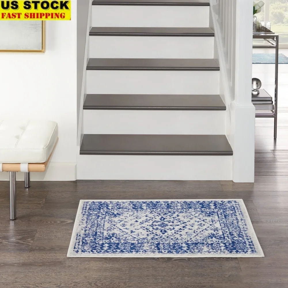 

Bohemian Area Rug Low Profile Soft Polyester Floral Geometric Print Distressed Vintage Indoor Home Accent Rug