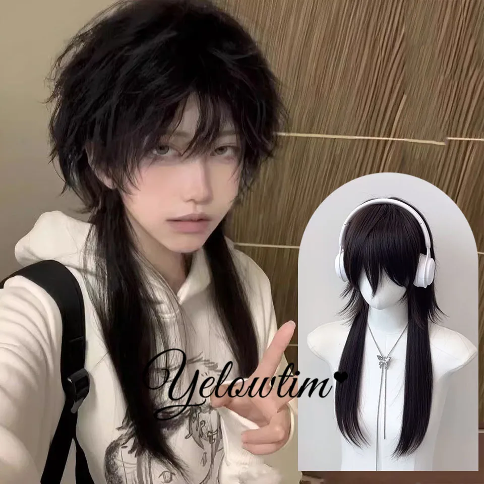 YELOWTIM Synthetic wig  full head style men's short hair with bangs handsome for men's daily fluffy hair cover