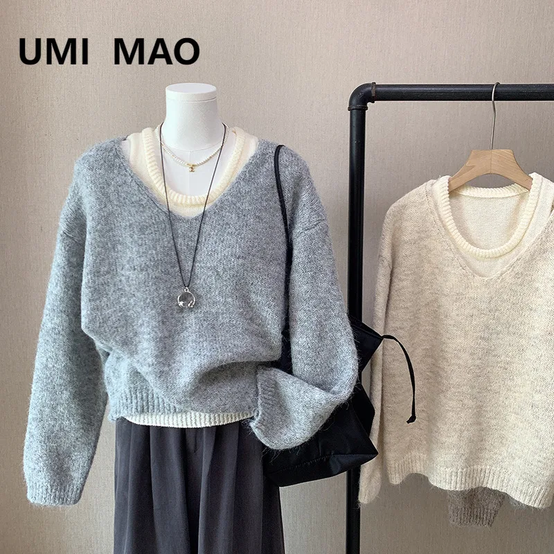 

UMI MAO Топ Осень Зима Новая Корейская версия Вязаный жилет с круглым вырезом Многослойный свободный свитер с открытыми плечами Комплект из двух предметов Femme