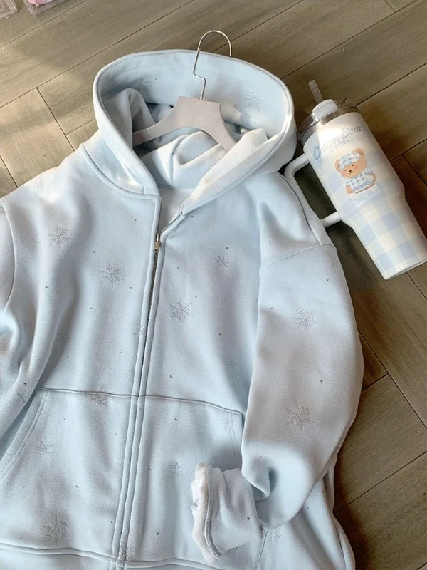 เสื้อโค้ทมีฮู้ดซิปสำหรับผู้หญิง ฤดูหนาว 2025  งานปัก  ให้ความอบอุ่น สไตล์เกาหลี  ลำลอง สบาย