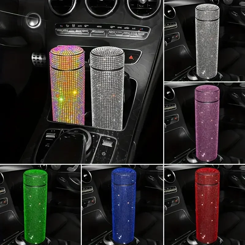 304 Stainless Steel Diamond Car Insulated Water Bottle 500ml Heat Preservation Water Cup Holder Bling Car Accessories for Women