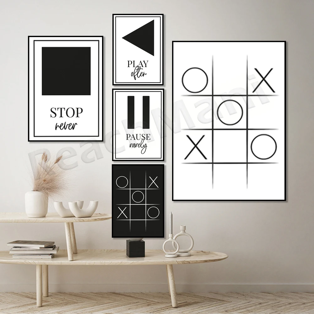 Black and white print, play, pause, stop, music symbol button poster, Xox, neutral art, inspirational print, home wall decor,