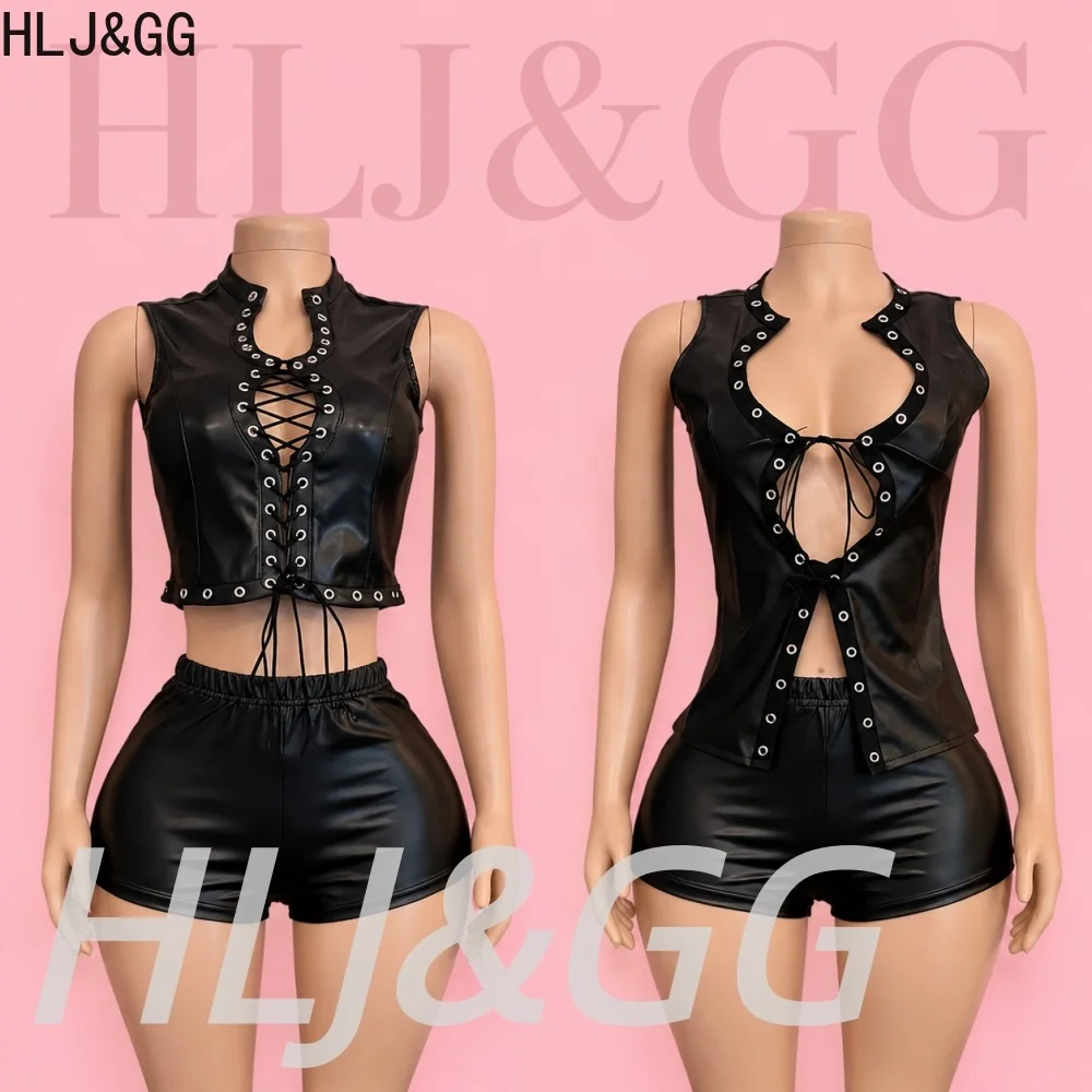 HLJ&GG Black Sexy Leather Hollow Bandage Tank Top Two Piece Sets Women Sleeveless Slim Vest And Shorts Outfit Fashion Streetwear