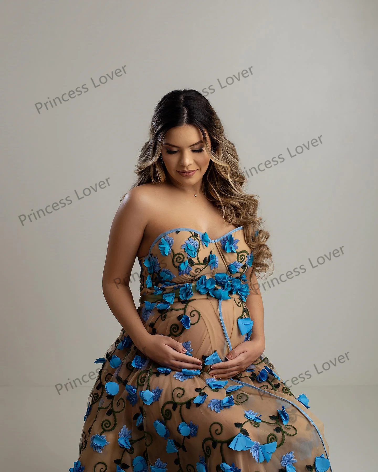 3D Floral Maternity Dresses for Photo Shoot Illusion Pregnancy Prom Dress with Detachable Sleeves Women Maxi Gown