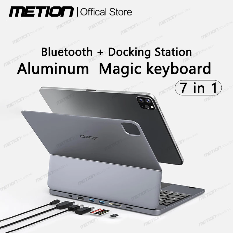 DOQO Aluminum Alloy Docking Station Magic Keyboard 7in1 Strong Magnetic Scissor Foot Button For 2020/2021 iPad Pro11