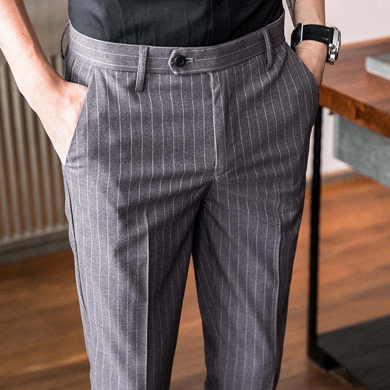 

Spring SummerMen's Busin Casual Striped Nine Point Pants Slim Fit Versatile Youngman's West Pants Faionable Midwaist Tro...