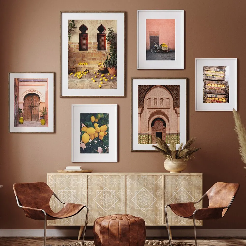 Póster artístico en lienzo de puerta marroquí, decoración de pared con estampado de limón bohemio para decoración nórdica del hogar y la sala de estar
