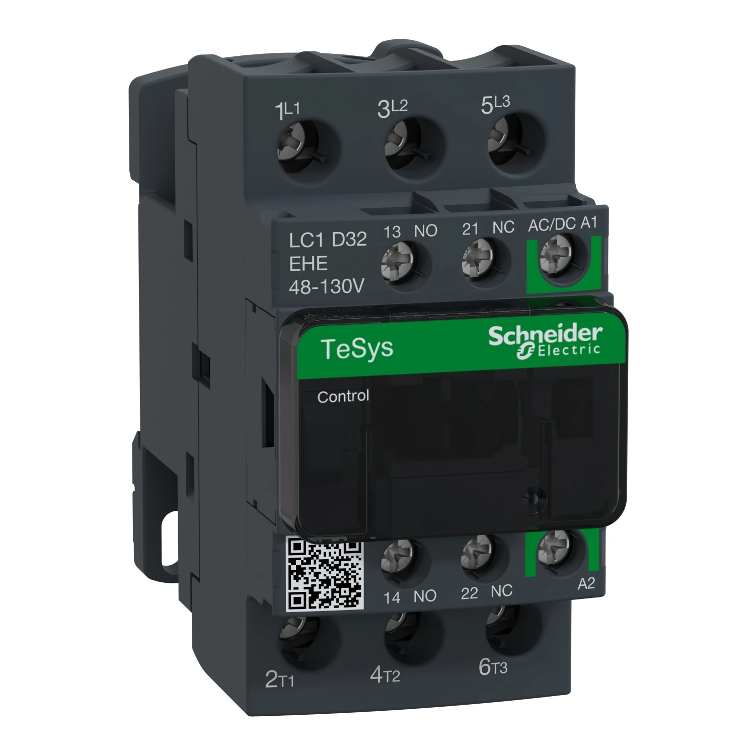 

LC1D32EHE IEC contactor, TeSys Deca Green, nonreversing, 32A, 20HP at 480VAC, up to 100kA SCCR, 3 phase, 3 NO, 48/130VAC/VDC coi