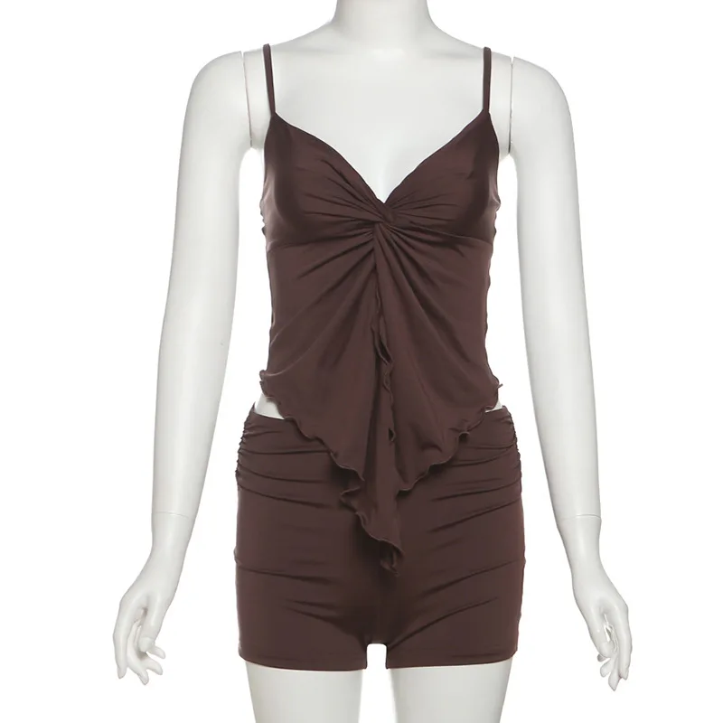 Women Sexy 2 Piece Set Solid V-neck Spaghetti Straps Backless Twist Ruffles Camisole Tops + Ruched Shorts Summer Holiday Suits