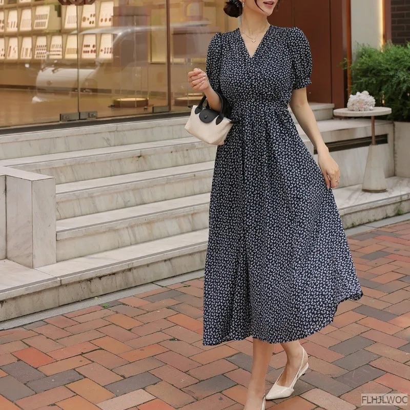 Vestido de Manga Curta Feminino Floral e Flor, Elegante Vestidos Longos, Vintage, Preto, Chique, Coréia, Design Francês, Verão, Novo, Retro, M-3XL, 2024