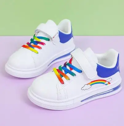 Zapatos con suela de cojín de aire para niñas, zapatillas de moda para niños, zapatos casuales blancos coloridos de arcoíris