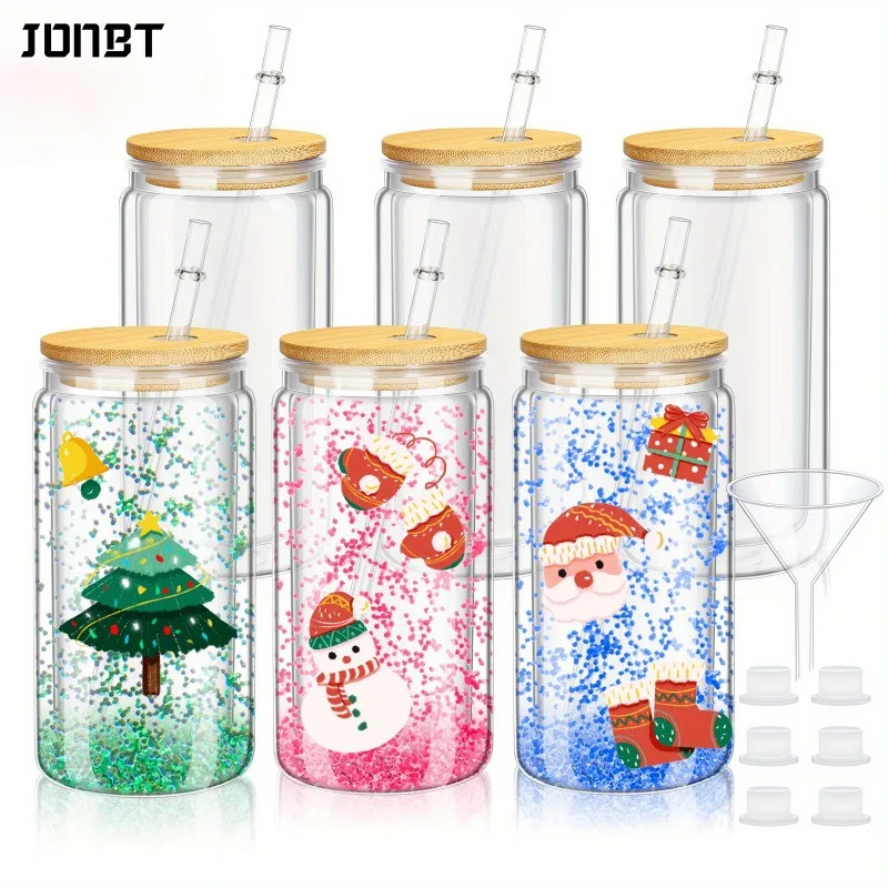 6PCS 16oz Clear Plastic Cup Bamboo lids Straw Cup Double Wall Snow Globe Tumbler Pre-Drilled Water Bottle Mason Jar Mug Drinking