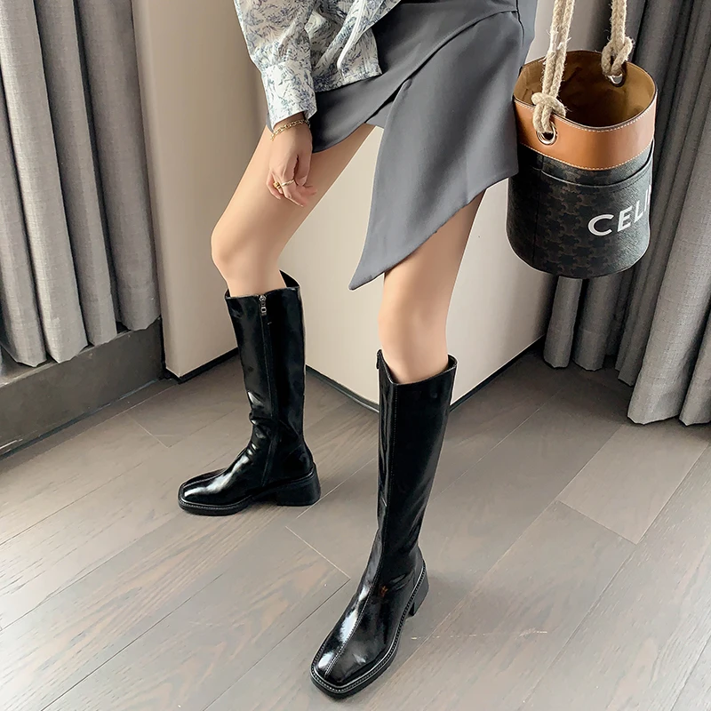 Taoffen Cow Leather Riding Boots Knee High Square Toe Block Heels Fashion Long Boots Ladies Flat Shoes Retro Women Knight Boots