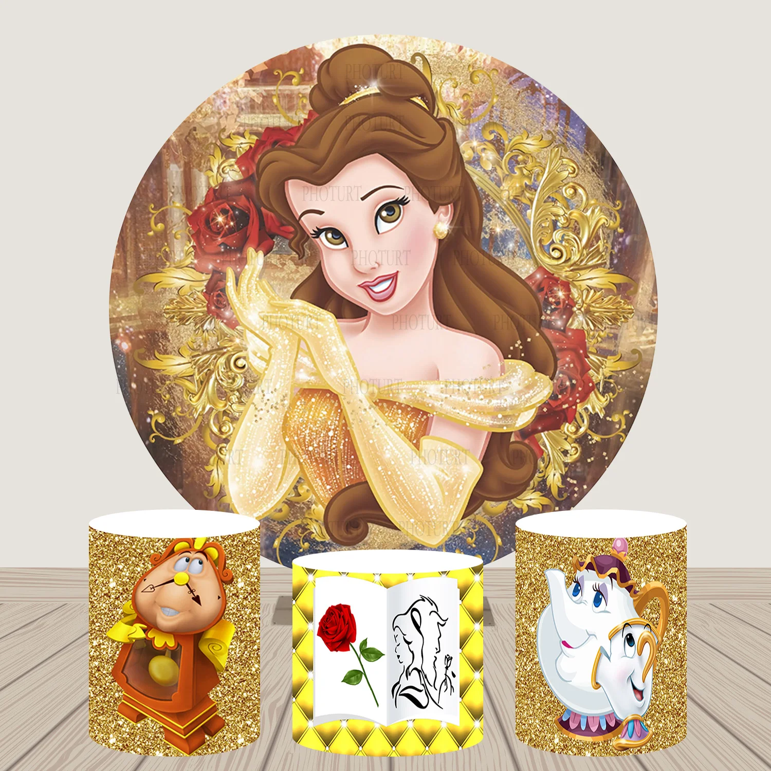 Round Princess Belle Backdrop Kids Birthday Background Circle Beauty and the Beast Cylinder Surface Banner Decoration Props