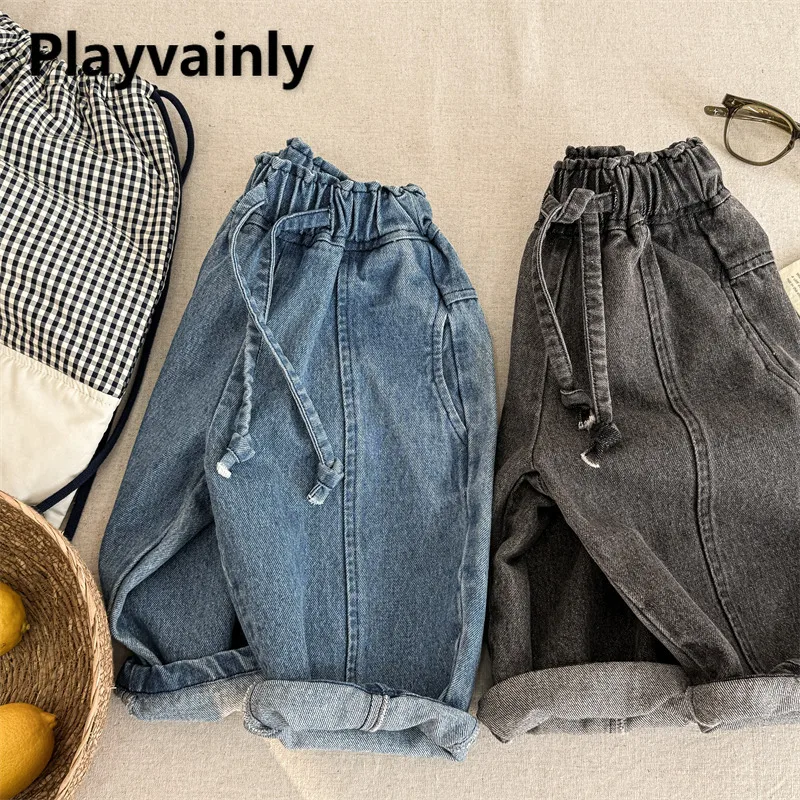 

Новые весенне-осенние детские джинсы в корейском стиле, синие, черные, с эластичной резинкой на талии, свободные широкие шаровары для мальчиков и девочек, джинсовые брюки A6016