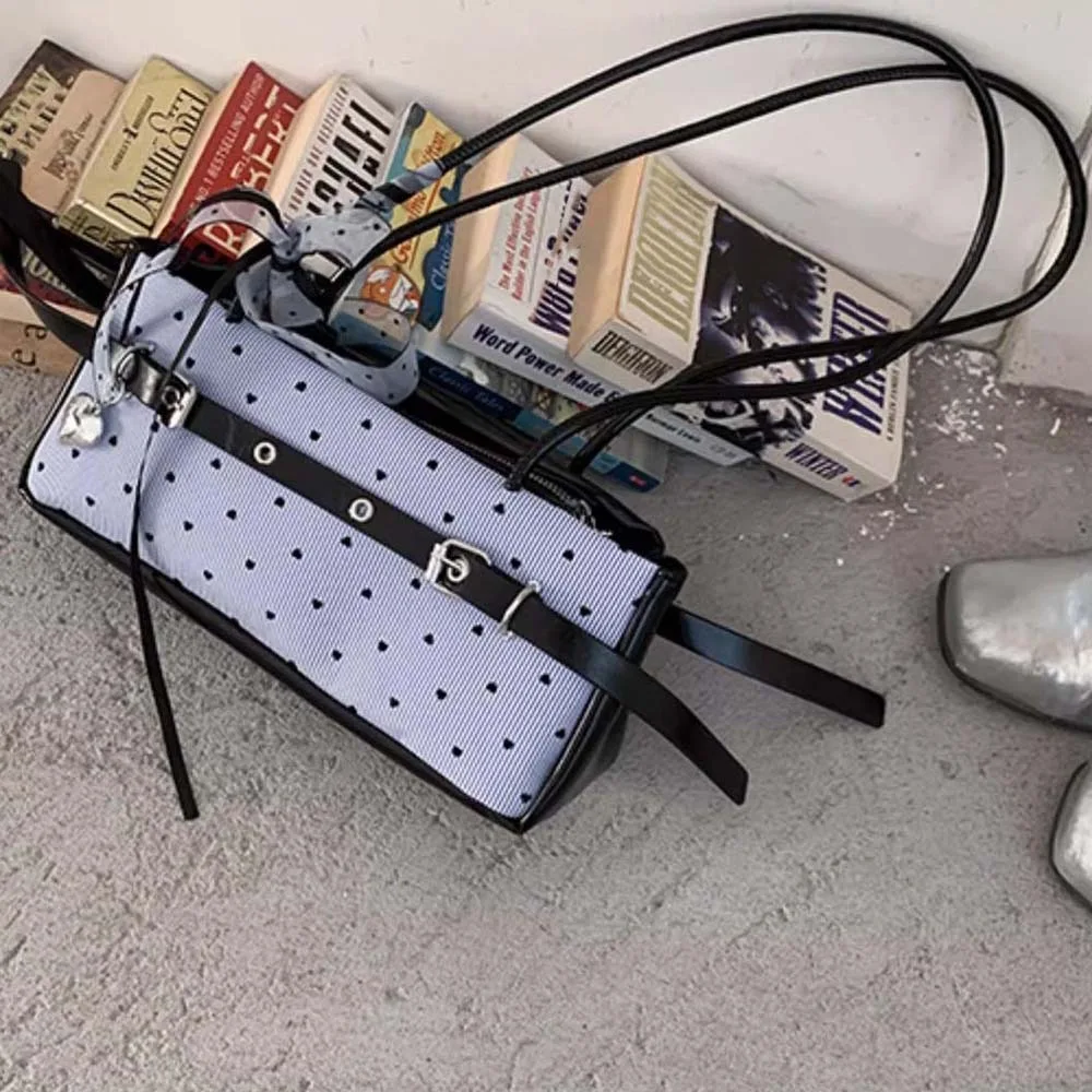 

All-match Sweet French Stick Handbag Canvas Lace Blue Shoulder Bag Korean Style PU Stripe Heart Underarm Bags Daily