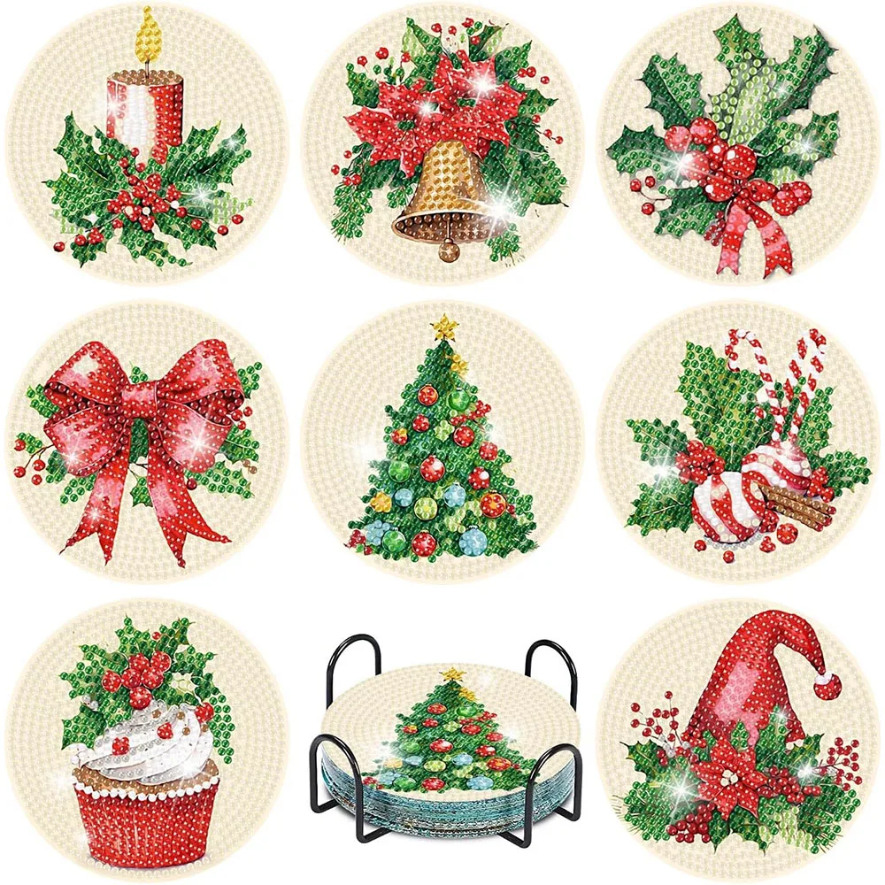 

8pcs Christmas Diamond Painting Coasters Kits with Holder Chirstmas Bell Candy Candle Diamond Art Kits for Tabletop Protection