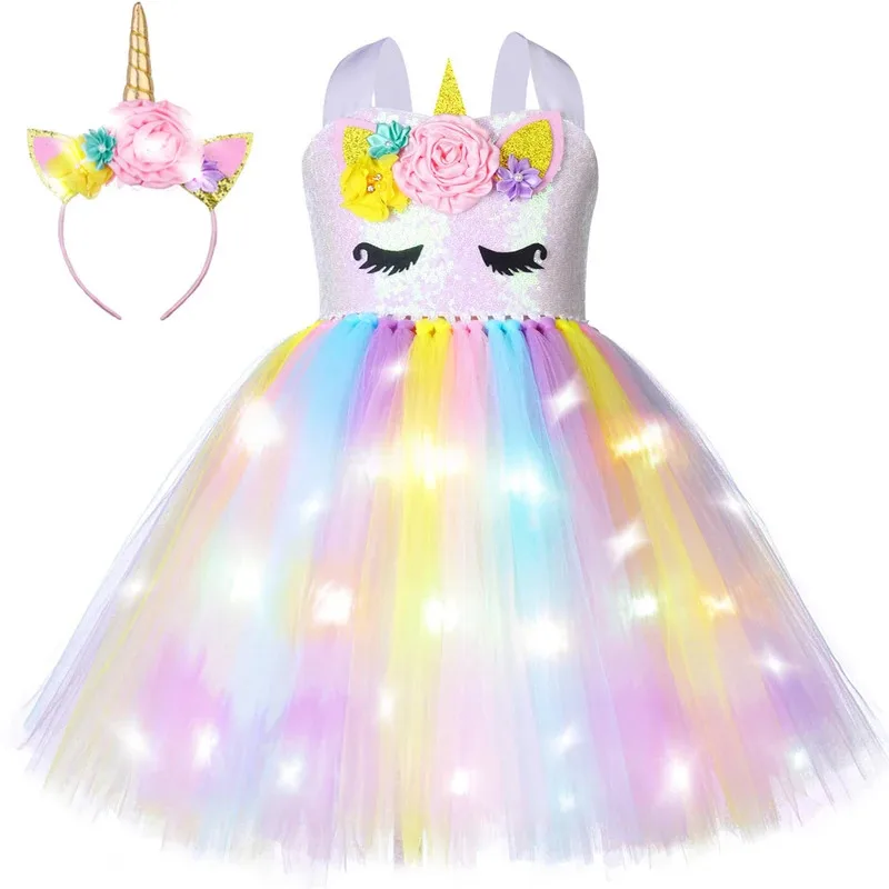 Girls Glittery Pastel Unicorn Costumes Led Lights Little Pony Princess Dresses for Kids Birthday Party Tutus Outfit with Wings