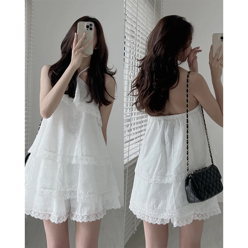 Clothland Women Sweet Ruffled Lace Blouse Halter Sleeveless Shirt Mini Shorts Two Piece Set Summer White Cute Suits TZ302