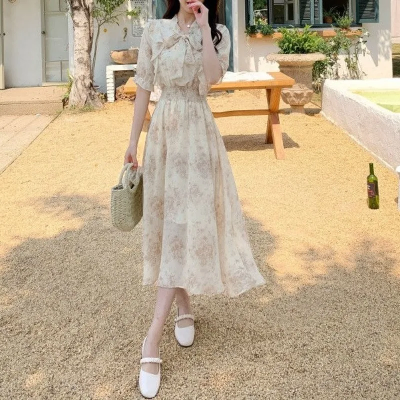 Fashionable Flattering Printed Spliced Ruffles 2024 Summer New Chic V-neck Drawstring Belted Short Sleeve Women's Clothing Dress