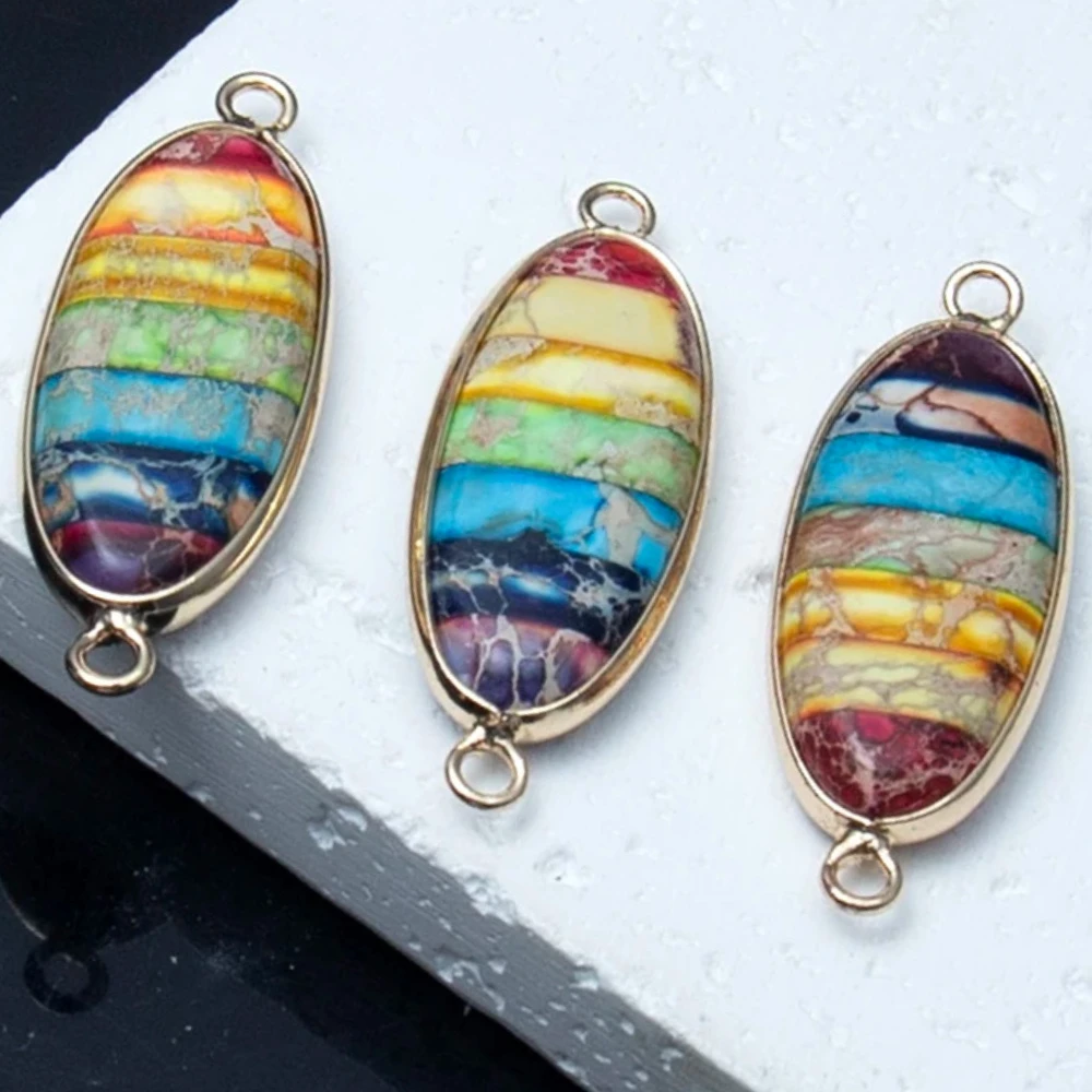 

15x40 мм 1 шт., соединители из натурального камня, красочный императорский камень, овальная форма, разъем с двойным отверстием, DIY Изготовление ювелирных изделий, аксессуары