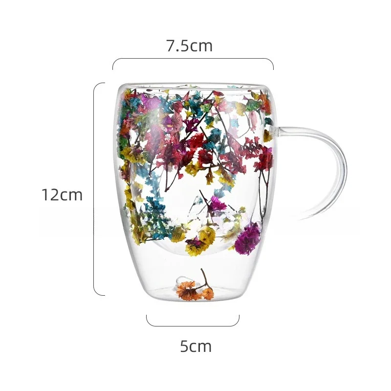 Double Wall Glass Cup Dried Flower Coffee Mug Heat Resistant Artificial Flower Milk Cup Kitchen Supplies for Christmas Gifts