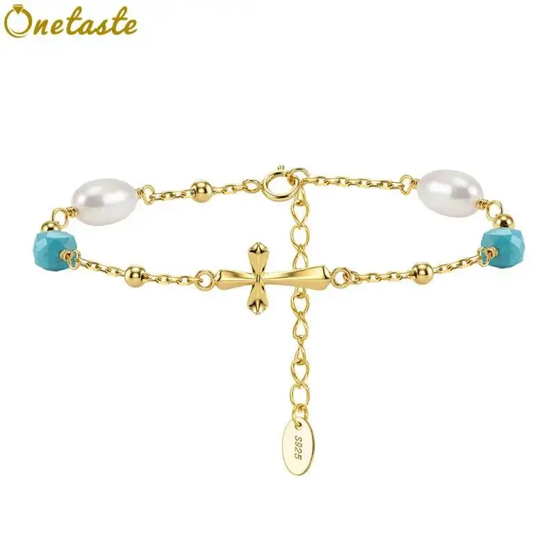 925 Silver Gold Plated Turquoise Pearl Chain Link Bracelets Women Cross Charm Simple Trendy Lightweight Adjustable Bracelet Gift