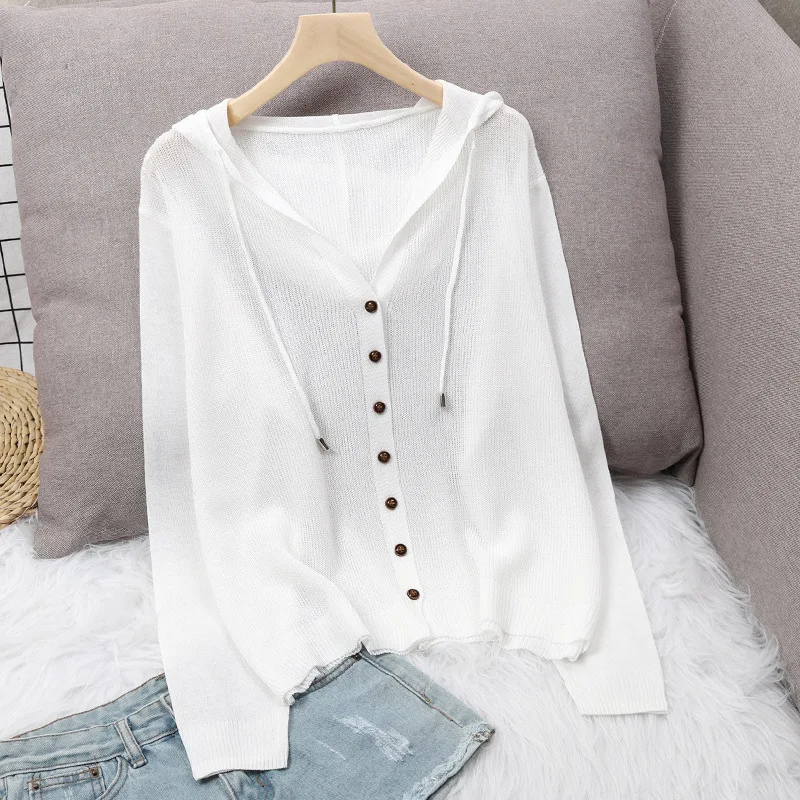 

2022 new summer knitted Cardigan Jacket Women's Hooded Jacket ice silk sweater thin hollow beach sunscreen clothes White