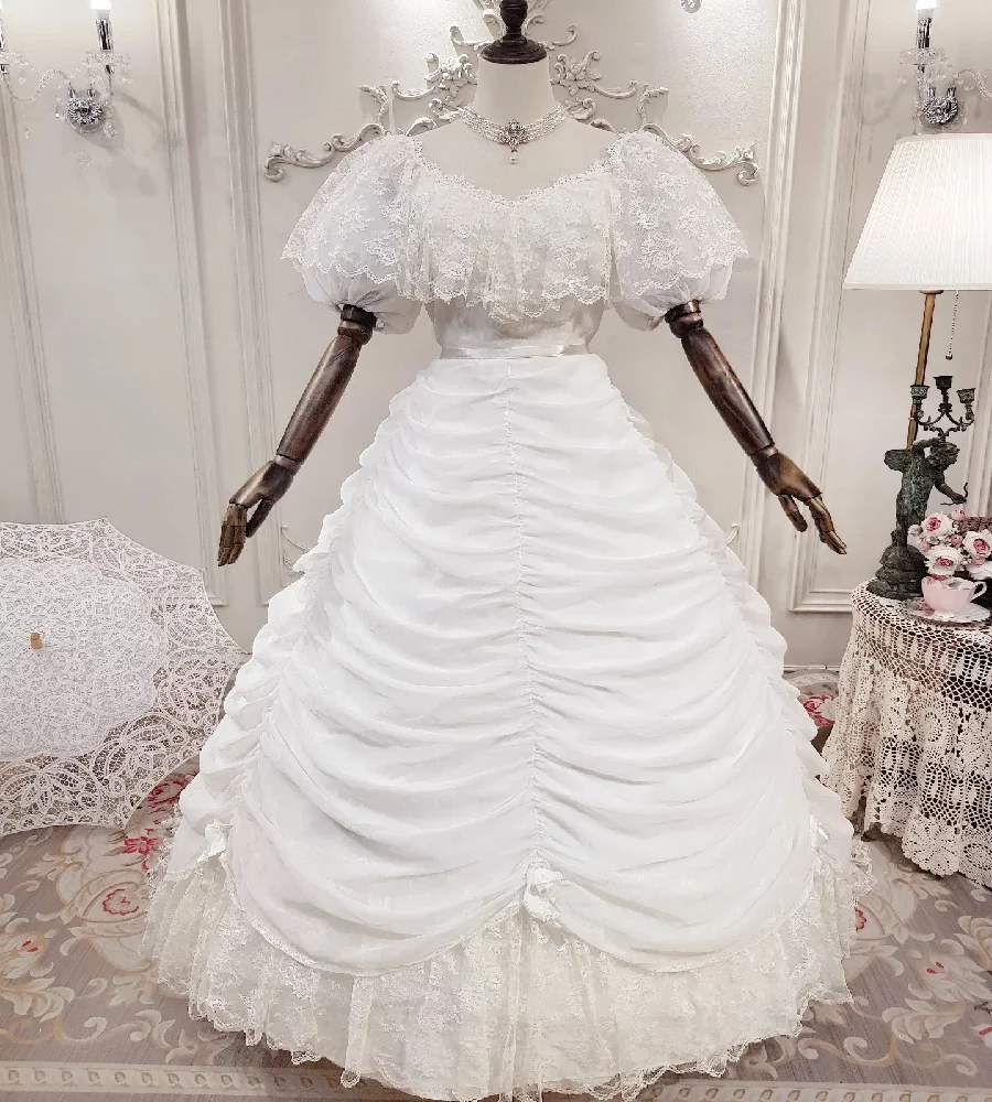 

Neoclassical 19th Century Bustle Wedding Dress Pleated Lace Short Sleeve Victorian Bride Dress Medieval Bridal Gown Customized