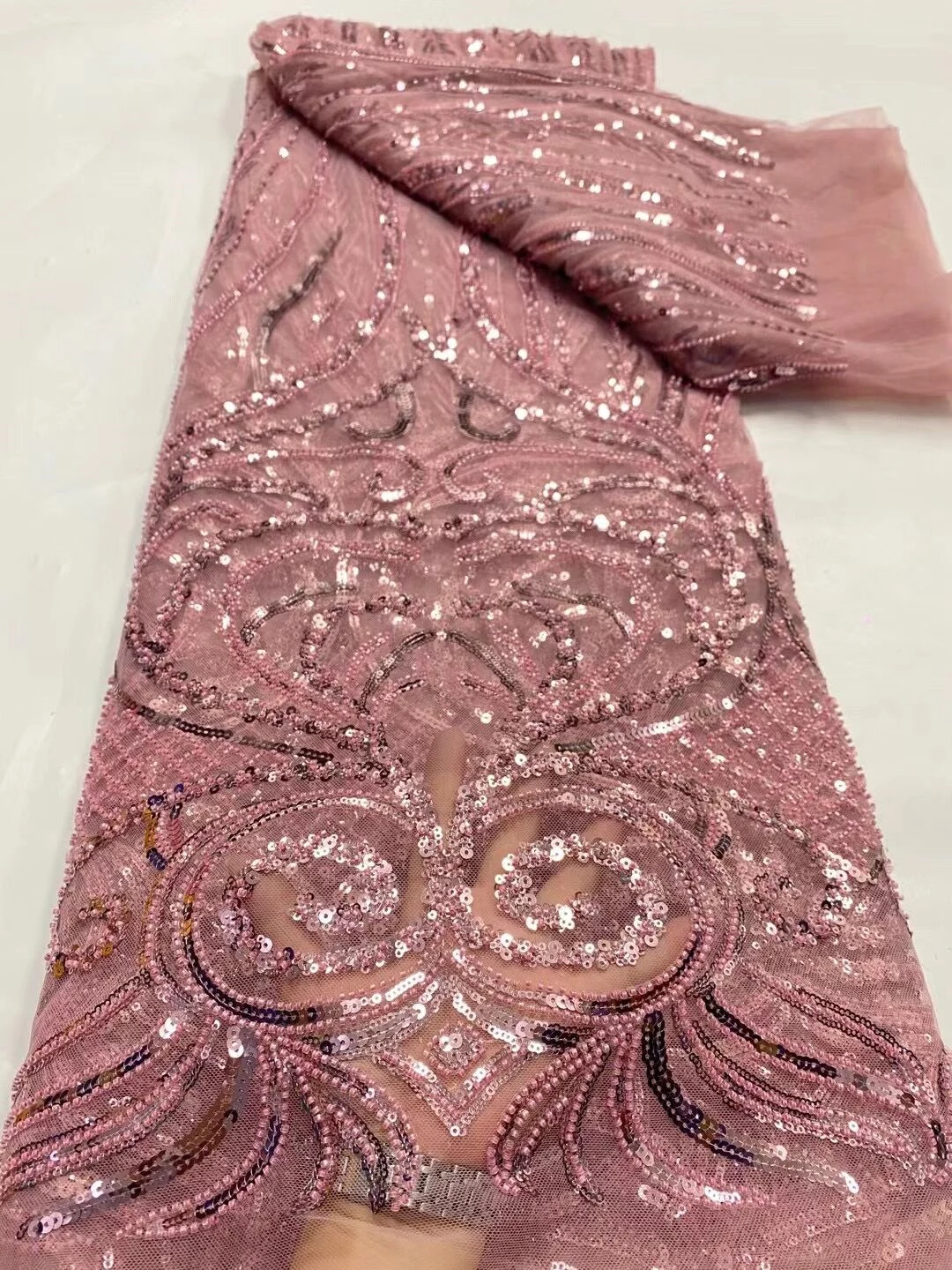 

African Fabrics Dubai Beaded By The Sewing Meters Embroidery Tulle 5Yards Mesh Sequins Lace Wedding Dress For Women Green Fabric