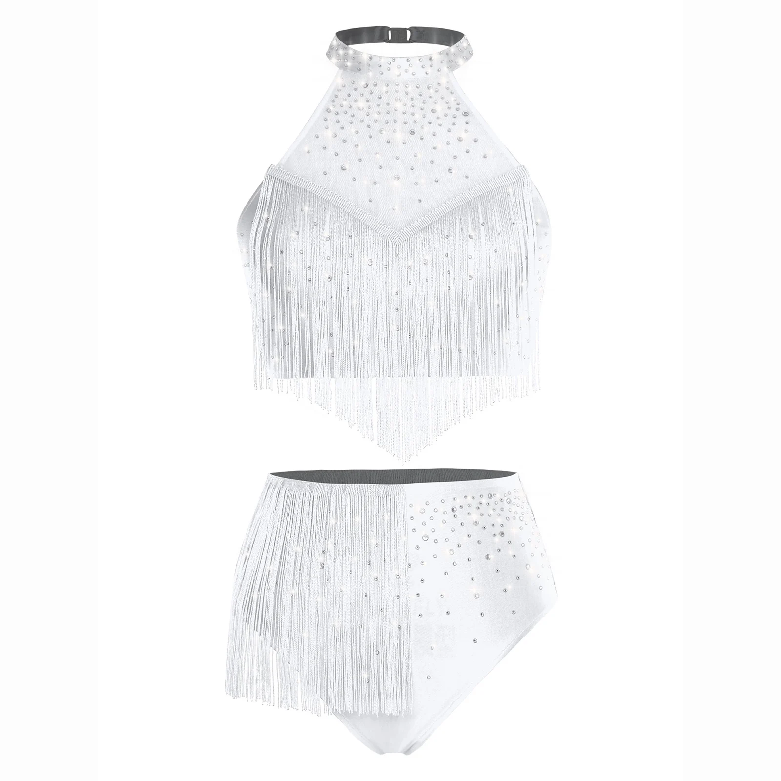Dames Latin Dance Outfits Strass Competitie Halter Sheer Mesh Crop Tops met kwastje Shorts voor Salsa Samba Buikdansen