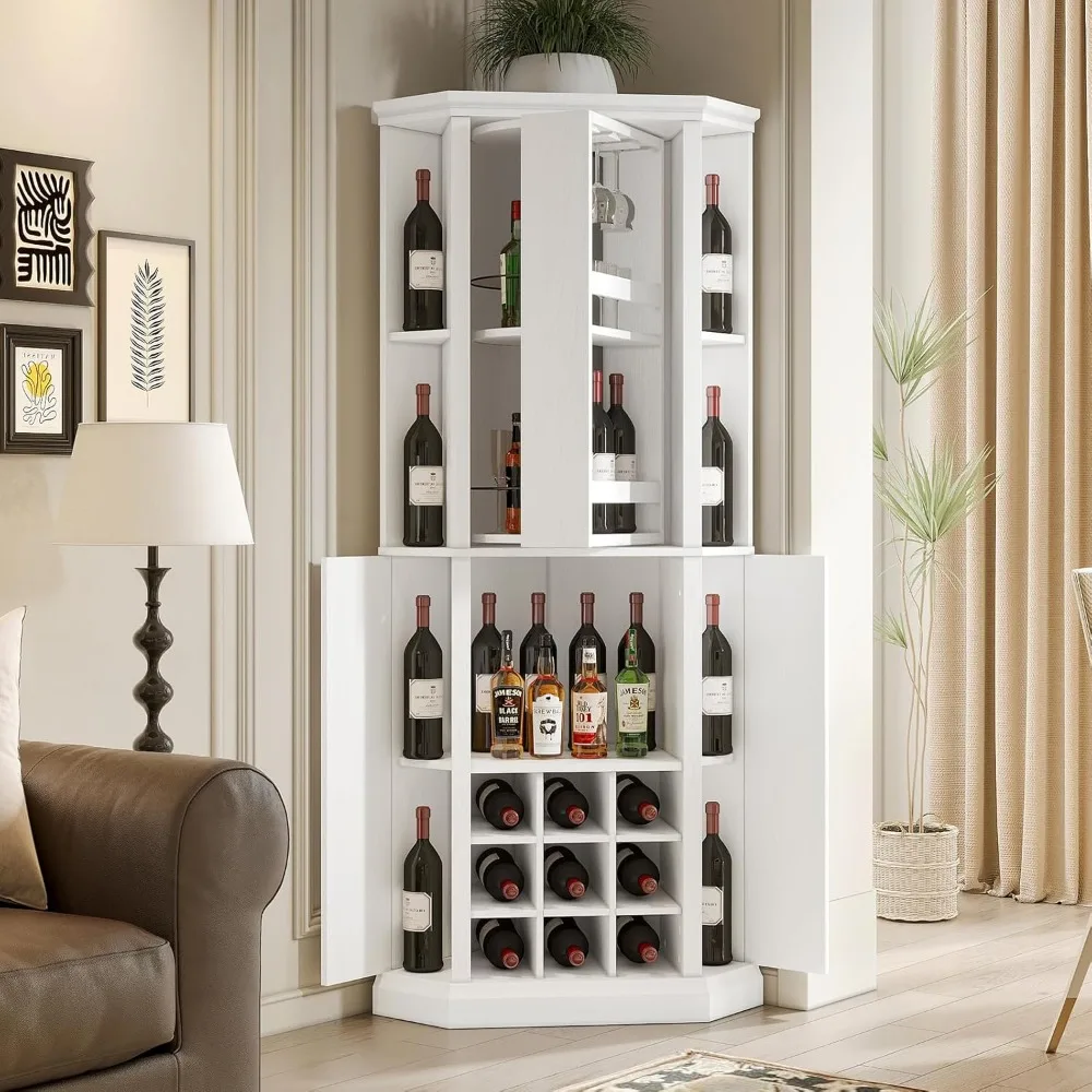 VOWNER Corner Wine Cabinet with Rotating Glass Wine Rack, Farmhouse Bar Storage Cabinet with Cup Holders, Home Bar Cabinet for