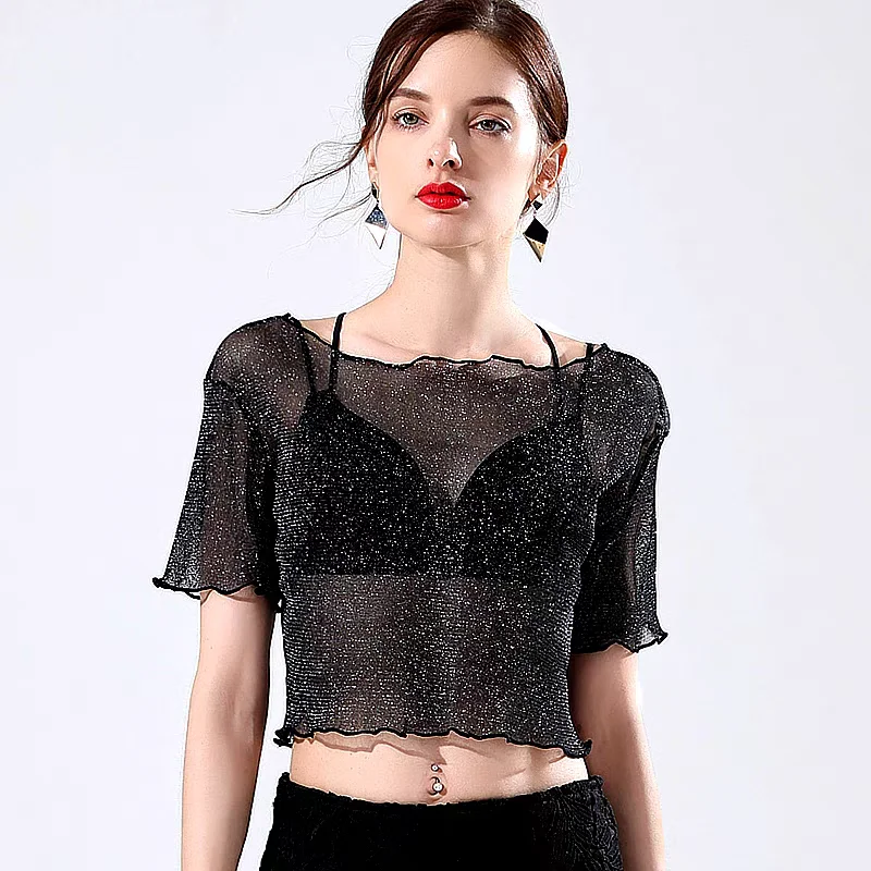 Perspective Sexy Mesh Crop Top For Women Summer Slim Shiny Short Sleeve O Neck Tops Female Party Nightclub Streetwear T Shirts