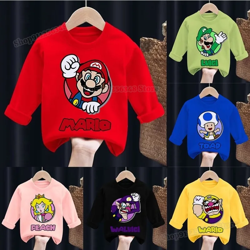 Super Marios Bros Koszulka z długim rękawem Dzieci Kolory Bluza Chłopcy Dziewczynki Ubrania Wiosna Jesień Pullover Cute Cartoon Tops Tees