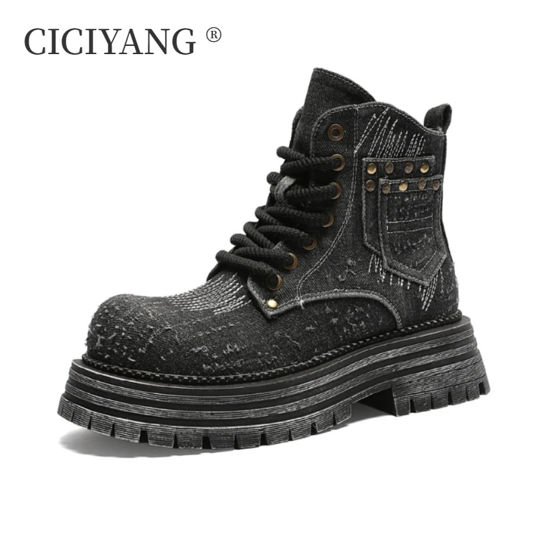 

CICIYANG Women's Denim Ankle Boots 2024 Autumn New Chunky Platform Booties Women Lace-up British Retro Cargo Boots Ladies