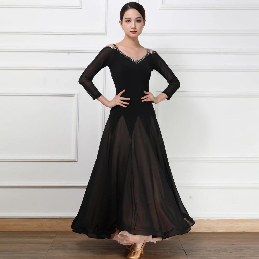 표준 댄스 드레스 경연 대회 검은 긴 소매 왈츠 드레스 고품질 대형 스커트 핑크 v 넥 볼룸