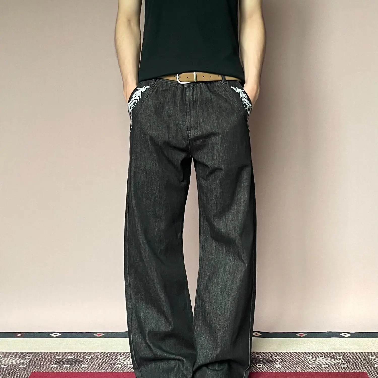 Men's Retro Embroidery Pattern Jeans Casual Pants Summer Boy Bottom Streetwear Wide-leg Trousers Male High Waist Sweatpants
