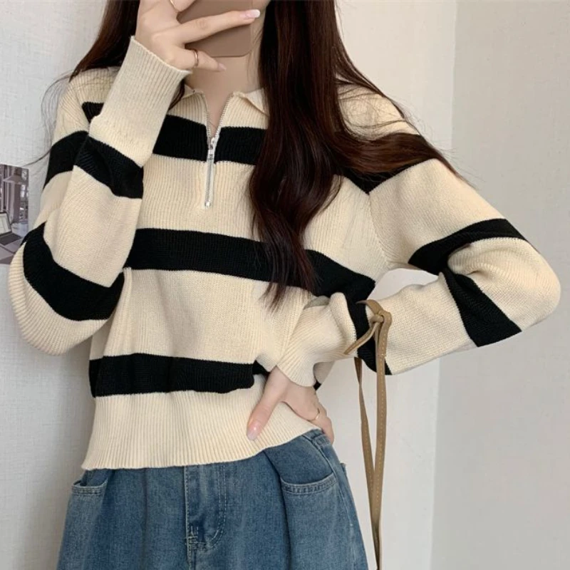 Pullovers Women Striped Students Tender Knitting Design Turn-down Collar Stylish Autumn Simple All-match Korean Style Classic