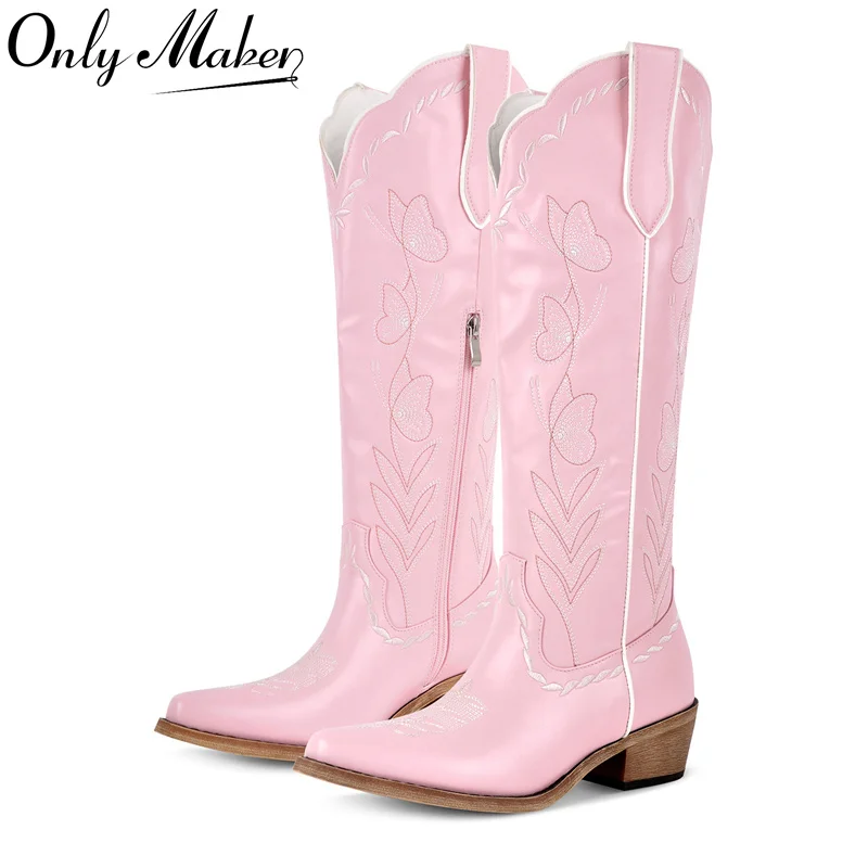 

Onlymaker Women Pink Pointed Toe Pull-on Knee High Cowgirl Boots Big Size Comfy Female Mid Calf Chunky Heels Cowboy Boots