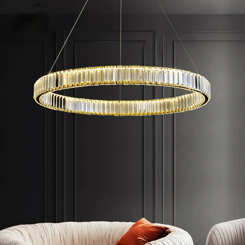 Modern Simple Crystal Pendant Light Luxury Atmosphere Duplex Building Hall Ring Chandelier Full Spectrum New Style Ceiling Lamp