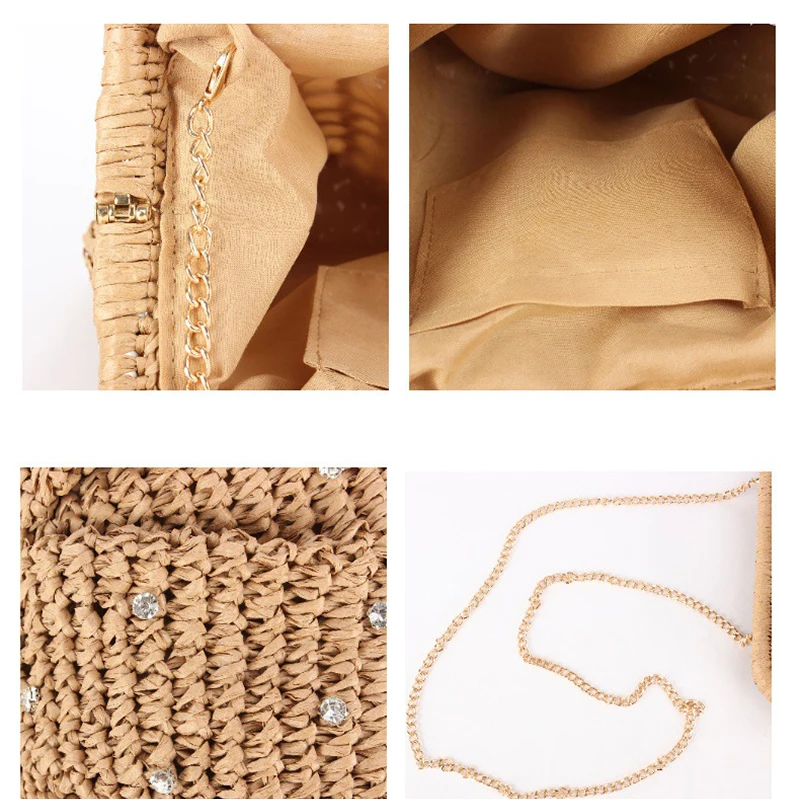 Strohgewebte Ketten-Umhängetasche, Damen-Clutch mit Strass-Verzierung und Verschlussrahmen, Leichte Sommer-Strandtasche für den Abend – Detail 5
