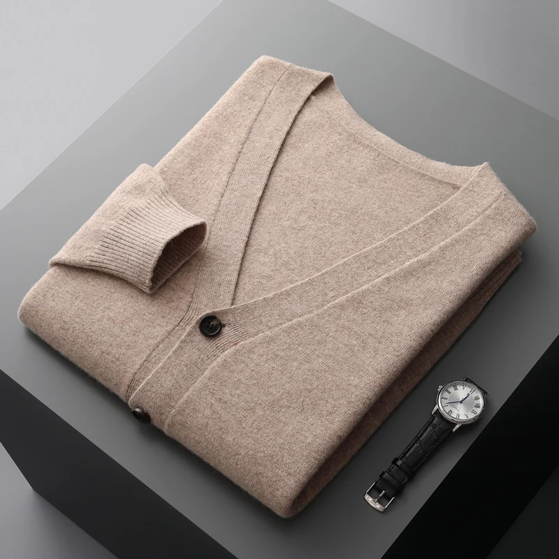 Autumn And Winter 100% Pure Wool Men's Cardigan Cashmere Sweater Knitted Jacket Solid Color Long-Sleeved High Quality Top