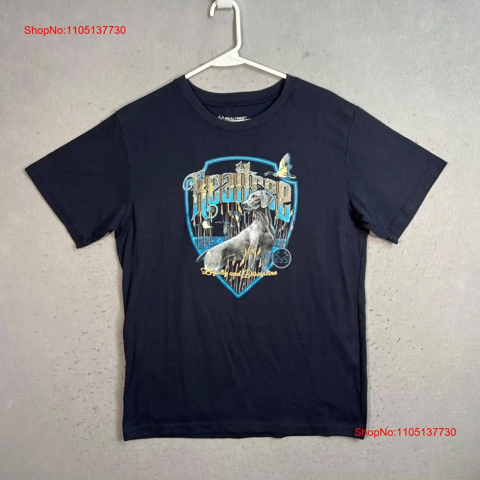 Realtree Navy Blue T Shirt Dog Design Loyalty Discipline Medium vintage Washed Unisex Stylish Comfortable Versatile graphic