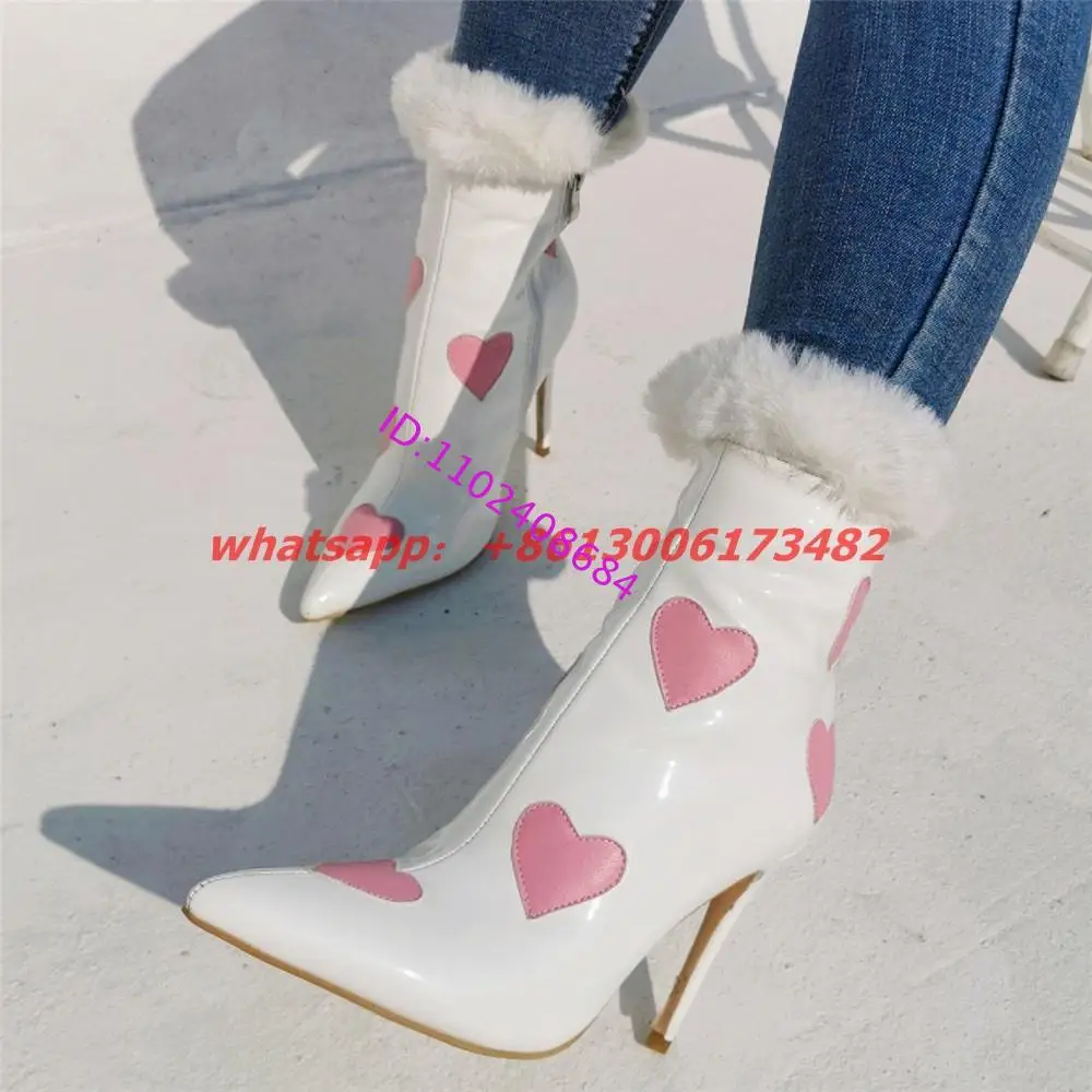 Festive Performance Patent Leather Peach Heart Pointed Toe High Heel White Ankle Boots Woman Plus Size Fur Snow High Heel Boots
