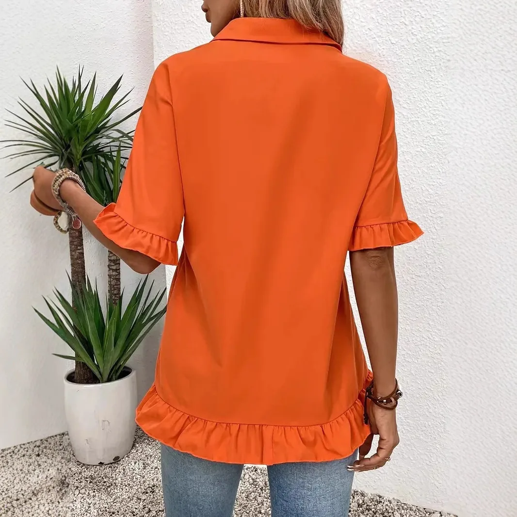 2025 Summer Women's Shirt White Fashion Loose Cardigan Orange Foliage Hem Mid-sleeved Top Blouses for Female