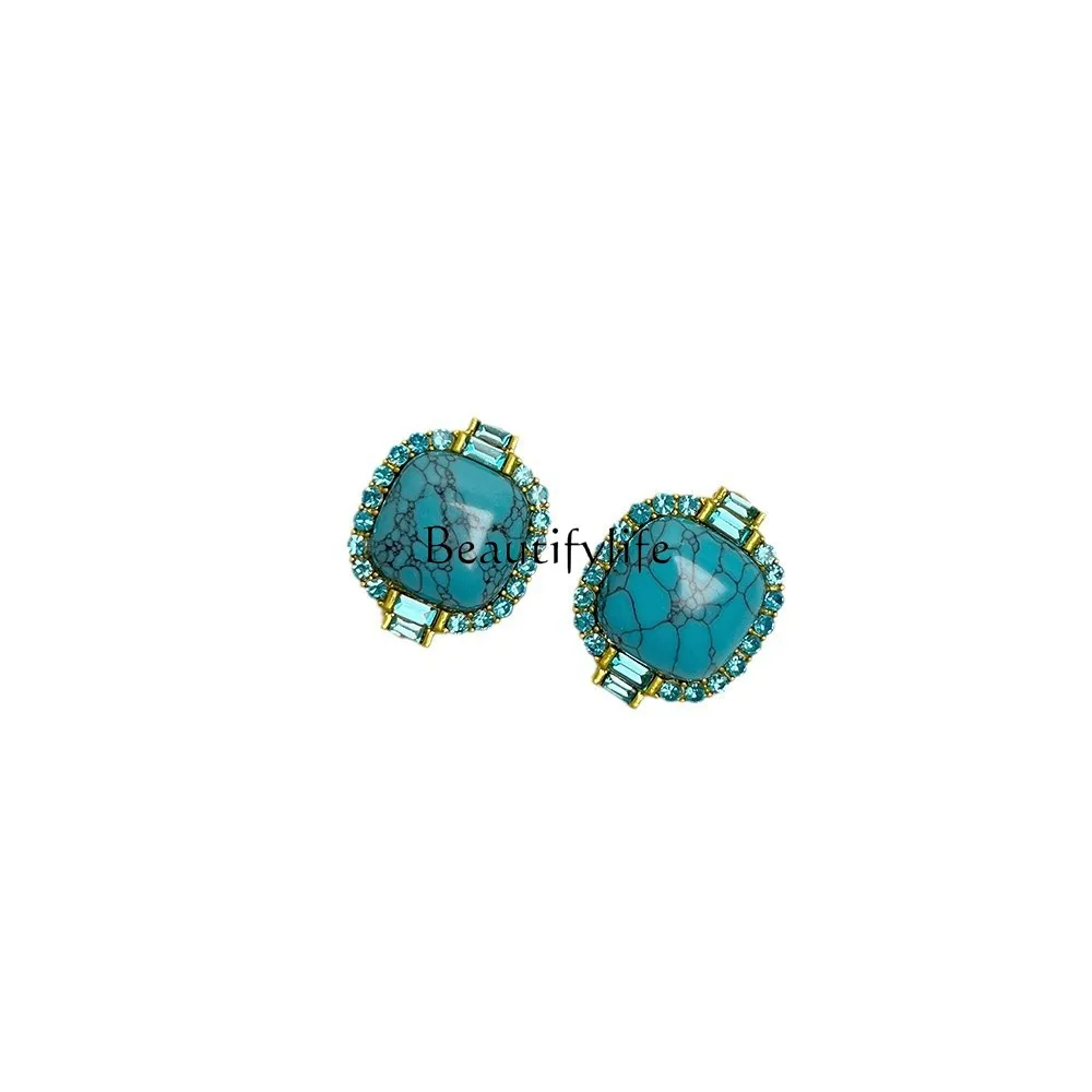 

Turquoise diamond stud earrings retro court temperament high-end earrings