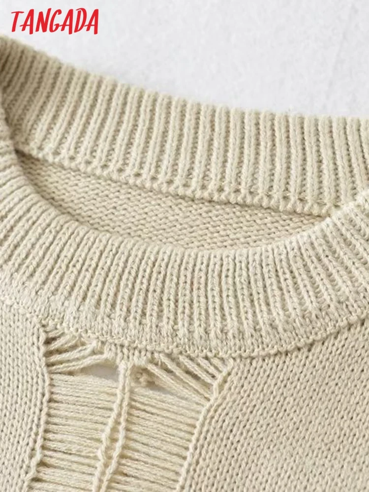 Tangada Women 2022 Hollow Crop Knitted Sweater Jumper O Neck Female Elegant Oversize Pullovers 2U26